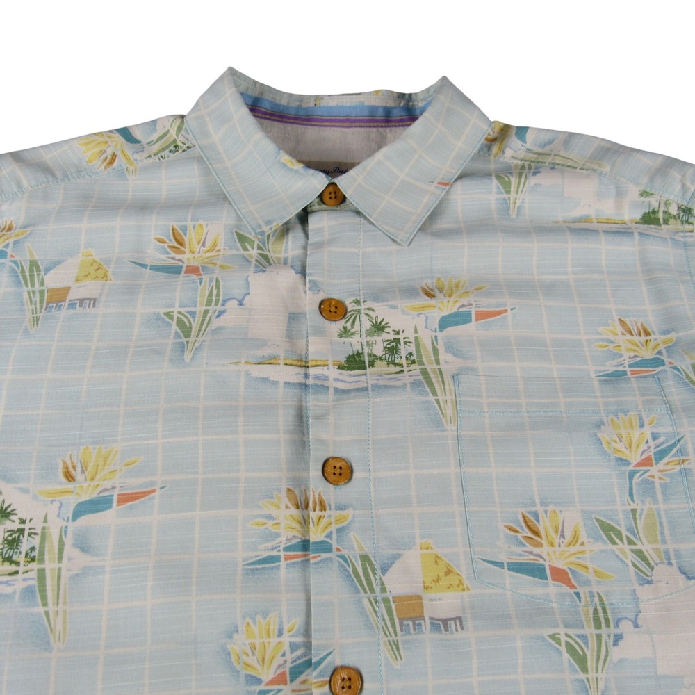 Tommy Bahama Button Up Shirt Mens L Blue Silk Blend Tropical Print‎